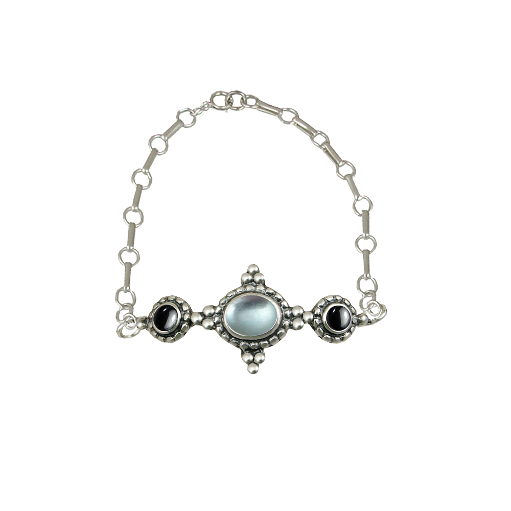 Sterling Silver Gemstone Adjustable Chain Bracelet With Blue Topaz And Hematite